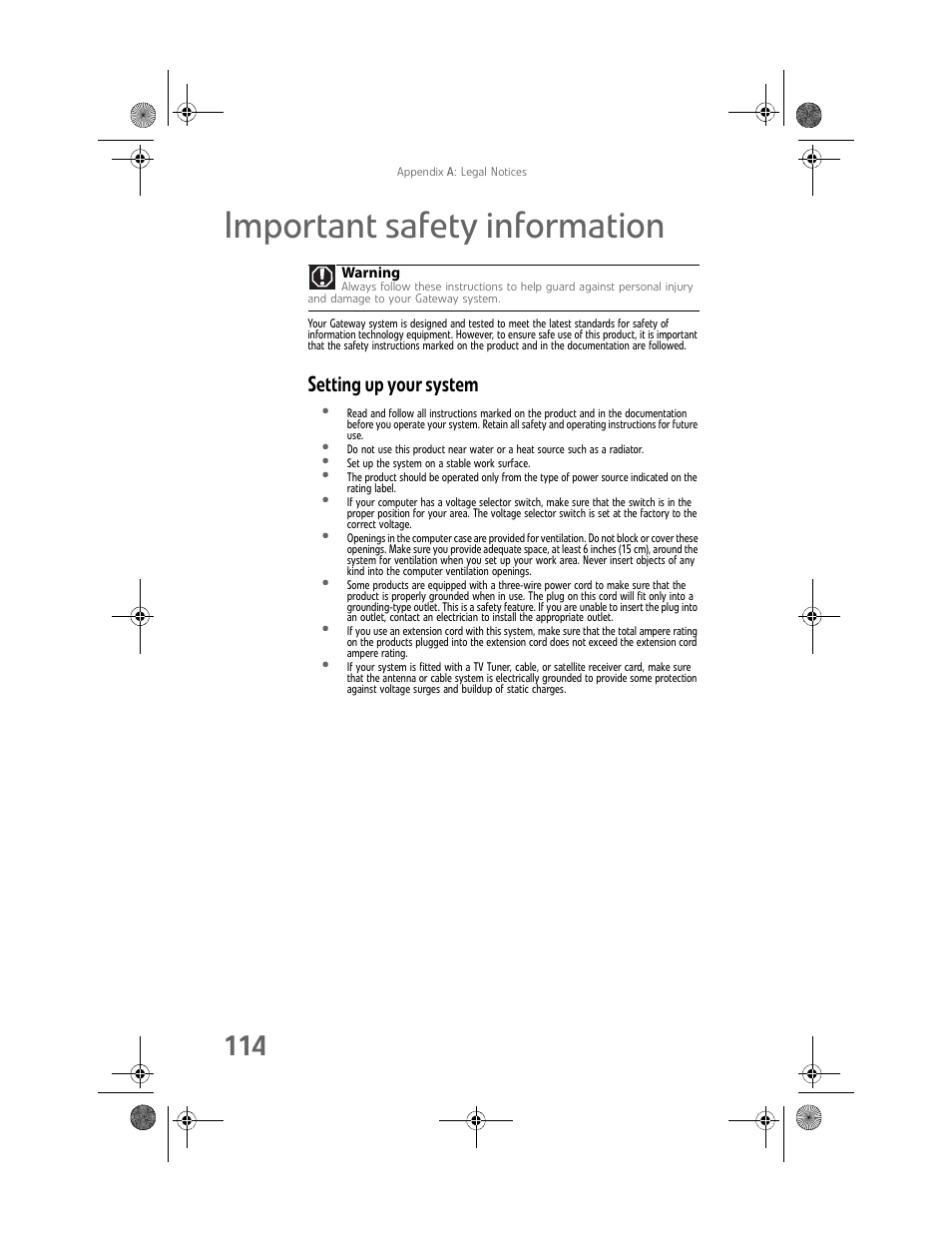 Important safety information, Setting up your system | Gateway GT5448E User Manual | Page 120 / 138