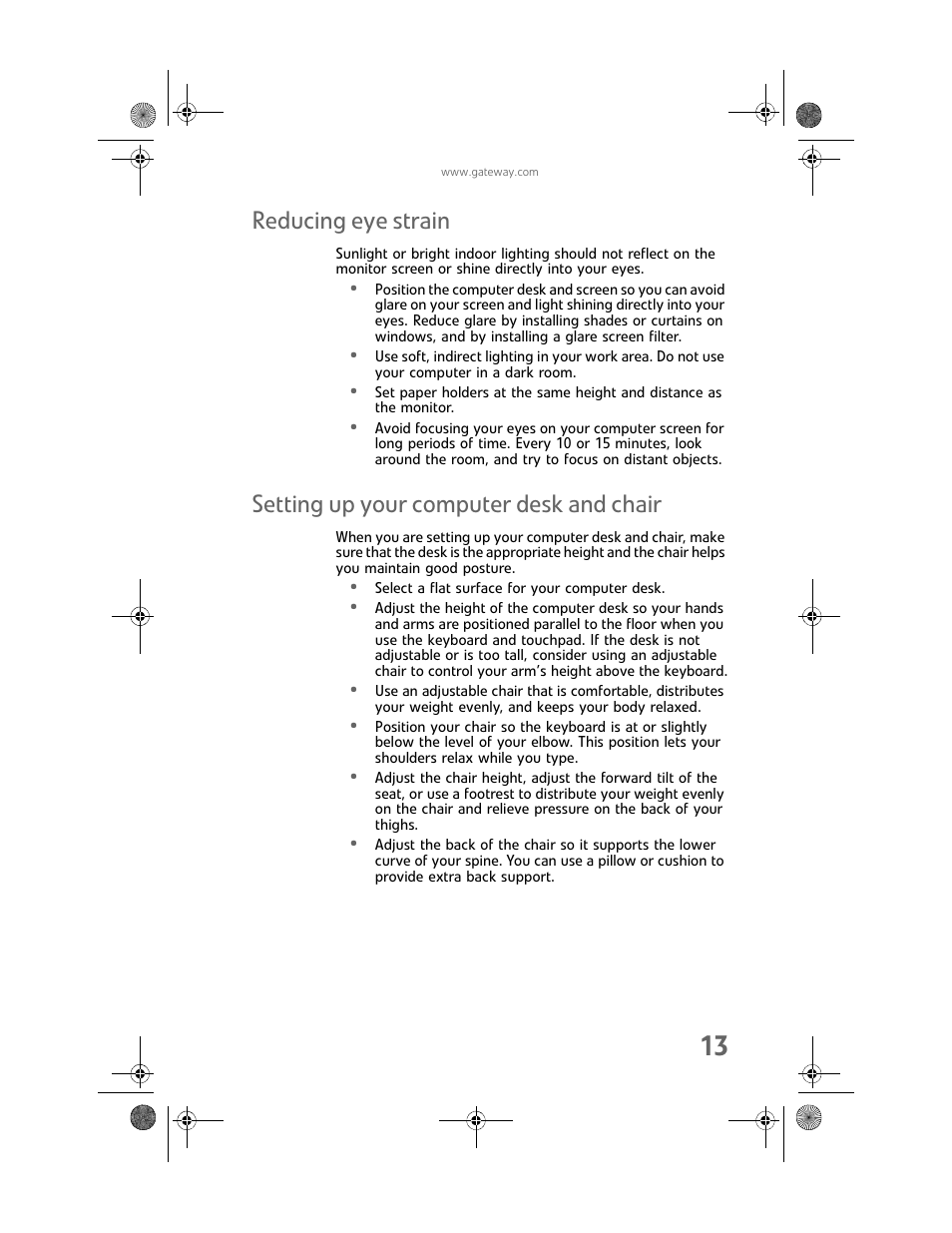 Reducing eye strain, Setting up your computer desk and chair | Gateway GT5448E User Manual | Page 19 / 138