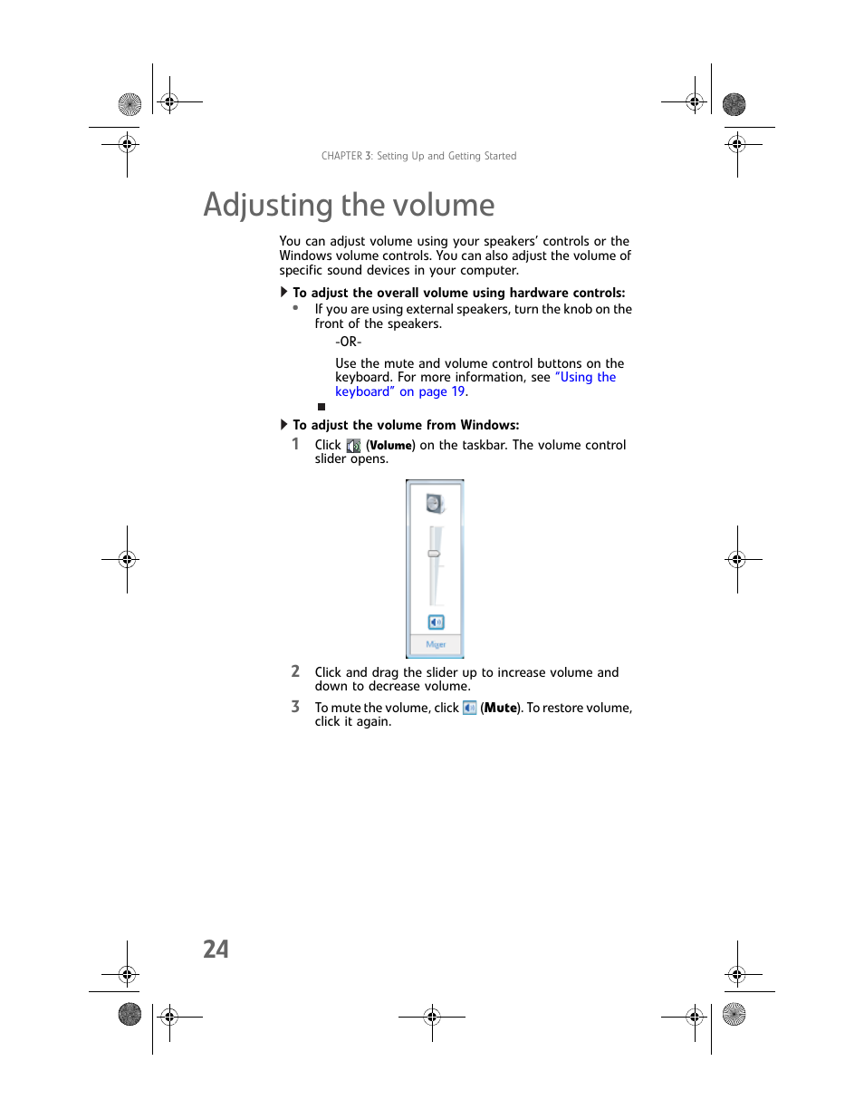 Adjusting the volume, To adjust the volume from windows | Gateway GT5448E User Manual | Page 30 / 138