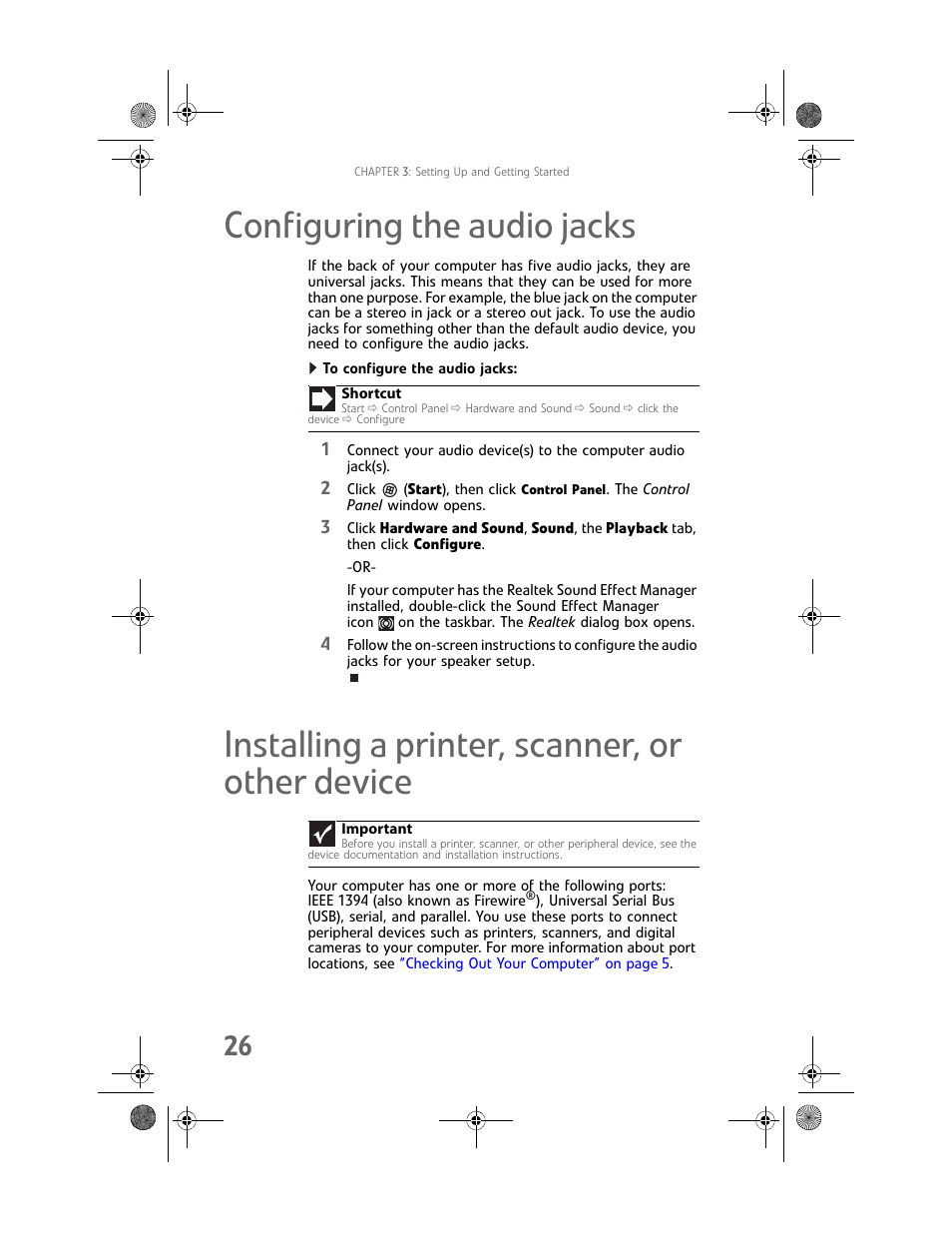 Configuring the audio jacks, To configure the audio jacks, Installing a printer, scanner, or other device | Installing a printer, scanner, or | Gateway GT5448E User Manual | Page 32 / 138