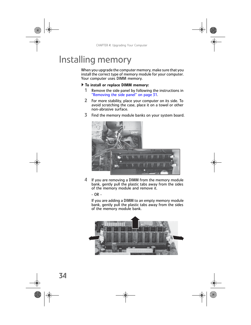 Installing memory, To install or replace dimm memory | Gateway GT5448E User Manual | Page 40 / 138