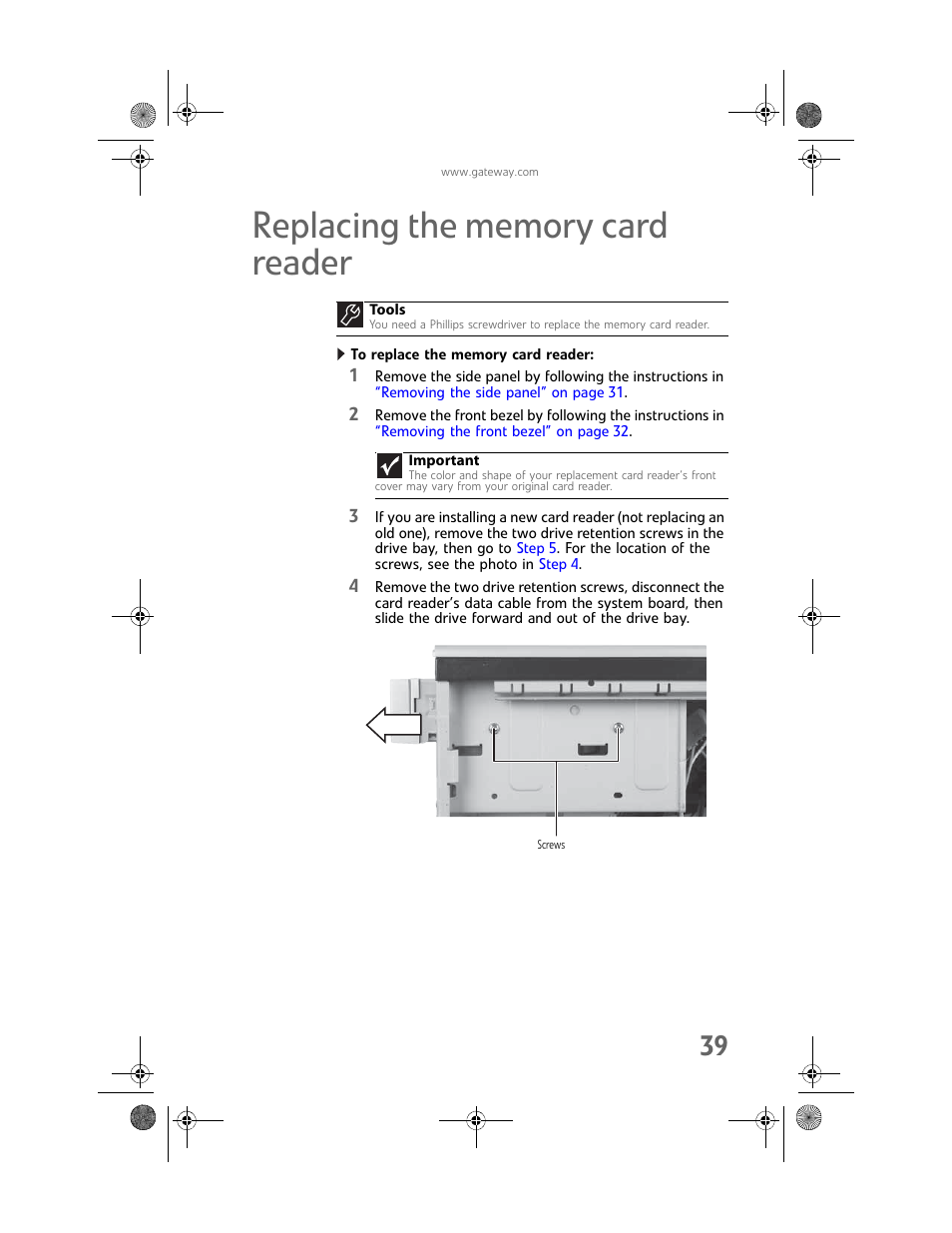 Replacing the memory card reader, To replace the memory card reader | Gateway GT5448E User Manual | Page 45 / 138