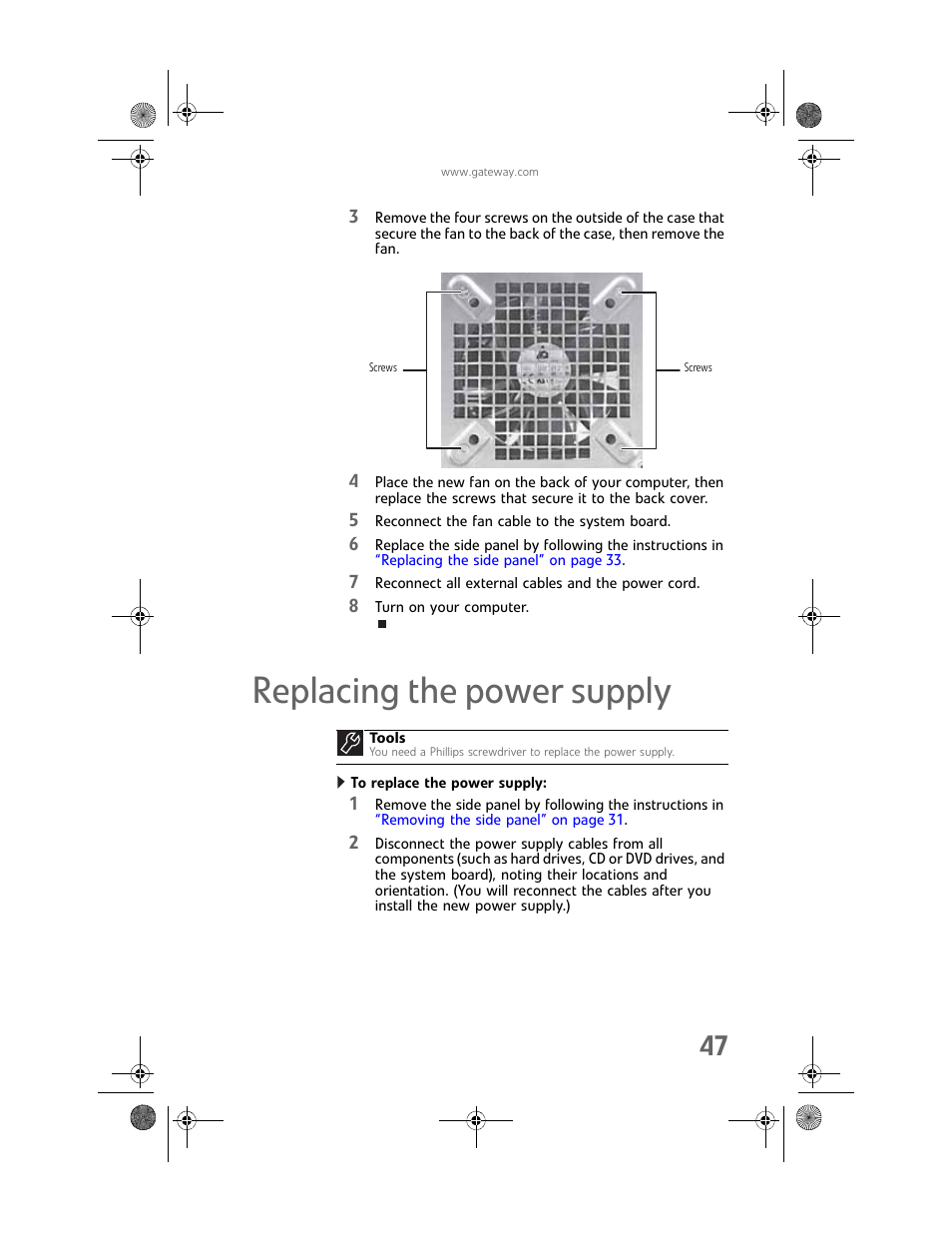 Replacing the power supply, To replace the power supply | Gateway GT5448E User Manual | Page 53 / 138