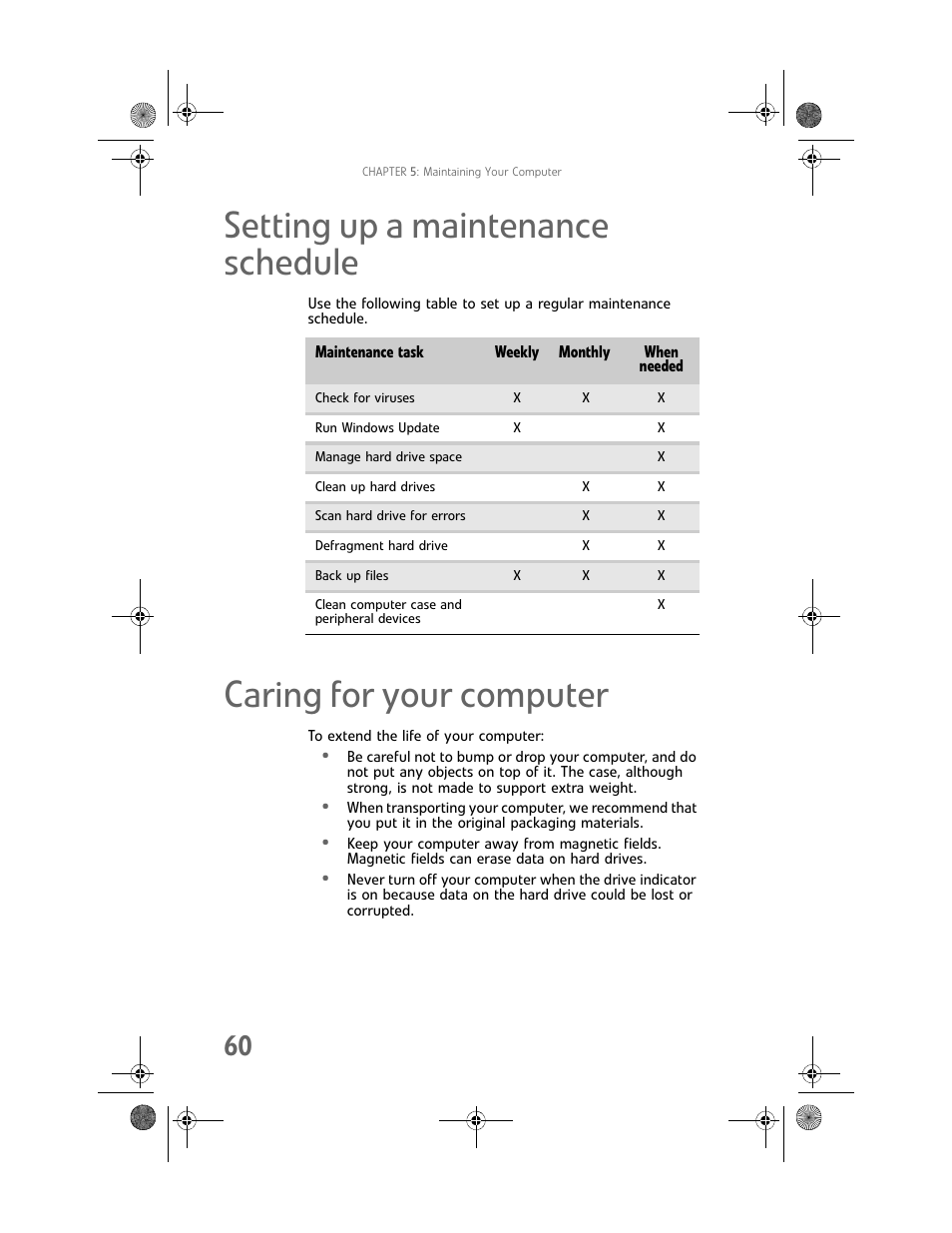 Setting up a maintenance schedule, Caring for your computer | Gateway GT5448E User Manual | Page 66 / 138