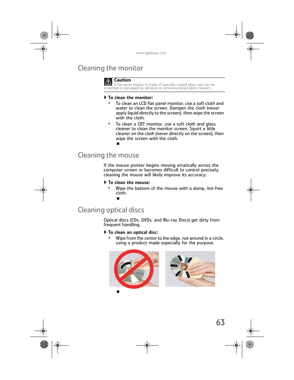 Cleaning the monitor, To clean the monitor, Cleaning the mouse | To clean the mouse, Cleaning optical discs, To clean an optical disc | Gateway GT5448E User Manual | Page 69 / 138