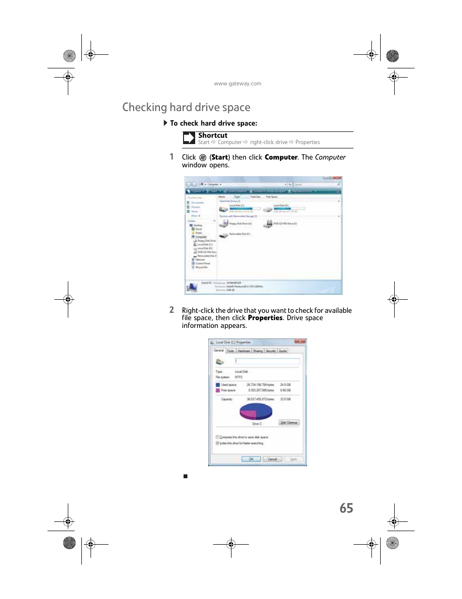 Checking hard drive space, To check hard drive space | Gateway GT5448E User Manual | Page 71 / 138