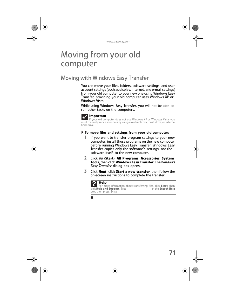 Moving from your old computer, Moving with windows easy transfer, To move files and settings from your old computer | Gateway GT5448E User Manual | Page 77 / 138