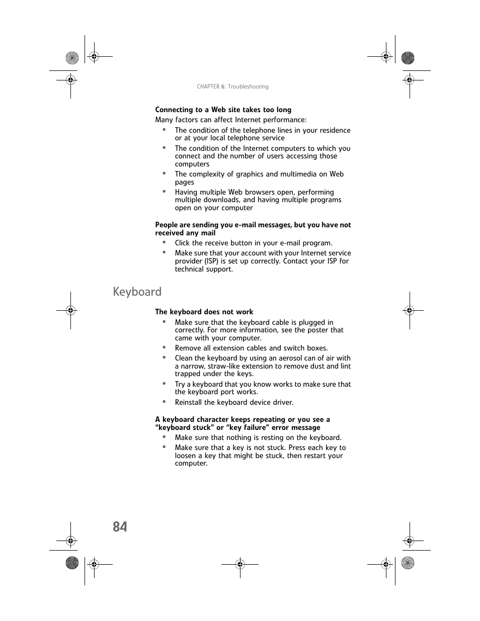 Connecting to a web site takes too long, Keyboard, The keyboard does not work | Gateway GT5448E User Manual | Page 90 / 138