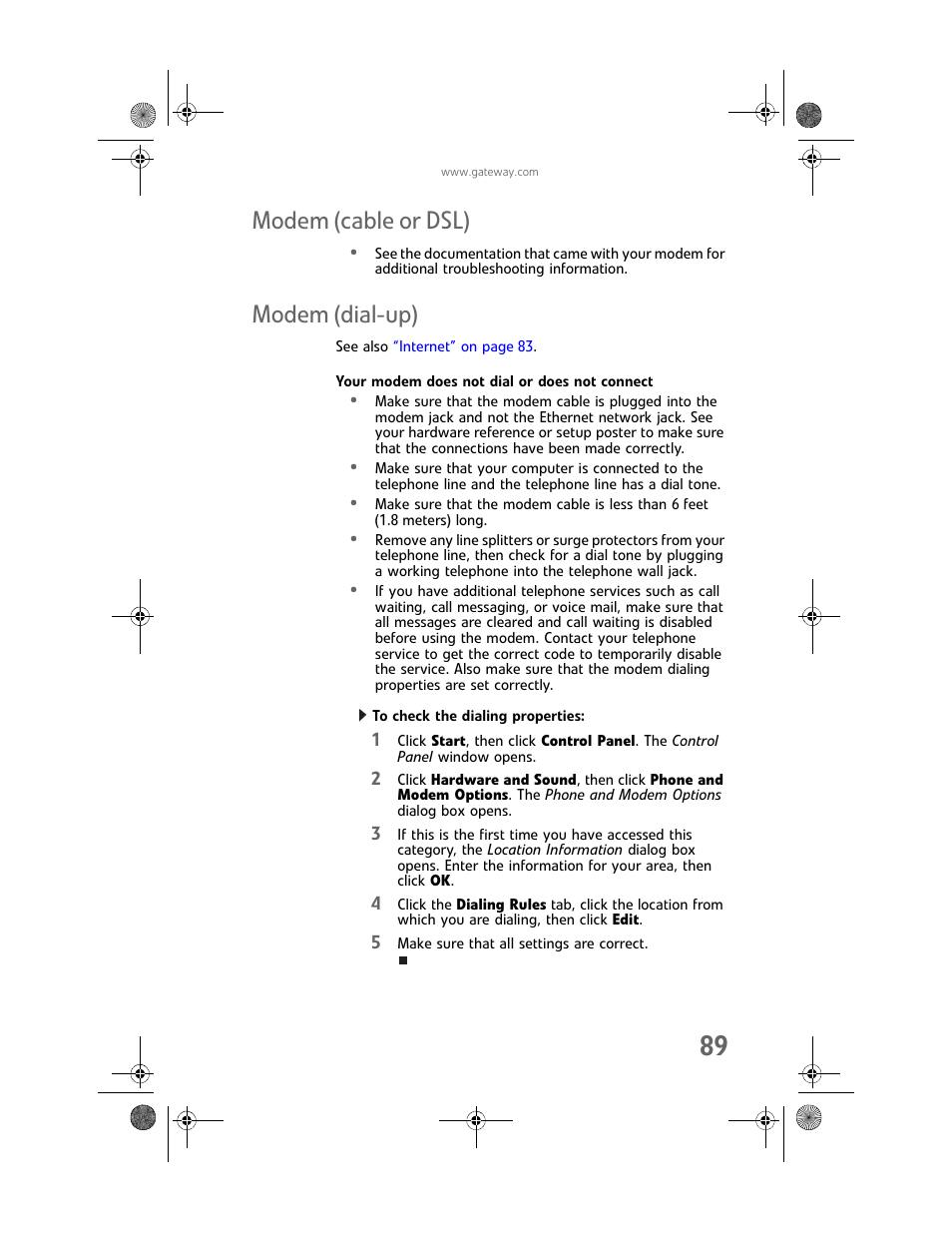 Modem (cable or dsl), Modem (dial-up), Your modem does not dial or does not connect | To check the dialing properties, Modem (cable or dsl) modem (dial-up) | Gateway GT5448E User Manual | Page 95 / 138