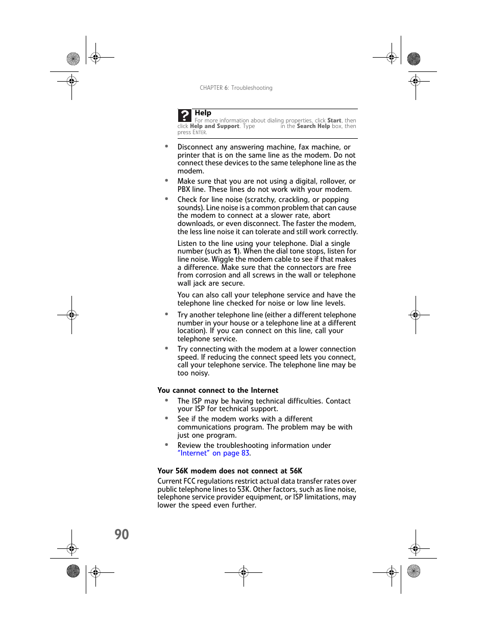 You cannot connect to the internet, Your 56k modem does not connect at 56k | Gateway GT5448E User Manual | Page 96 / 138