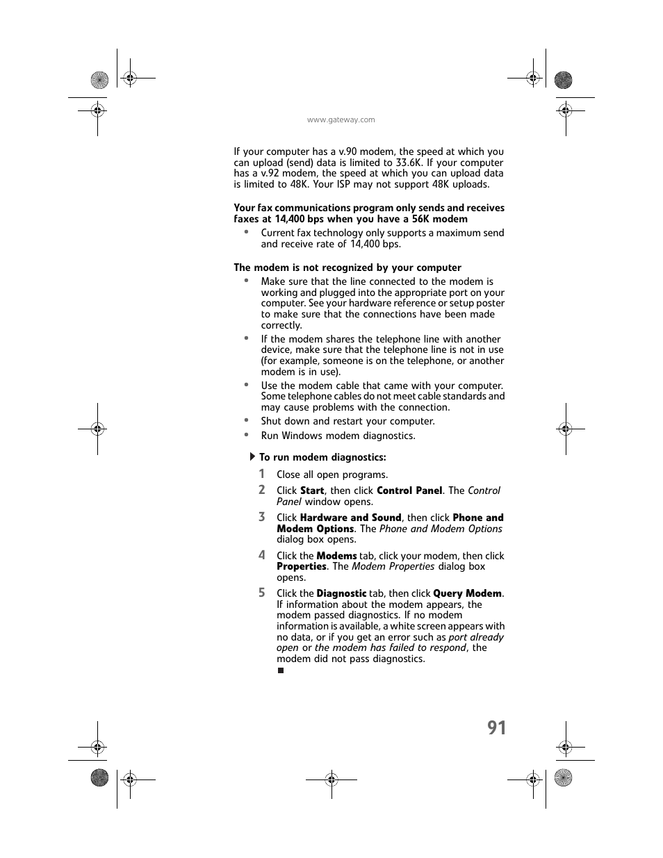 The modem is not recognized by your computer, To run modem diagnostics | Gateway GT5448E User Manual | Page 97 / 138