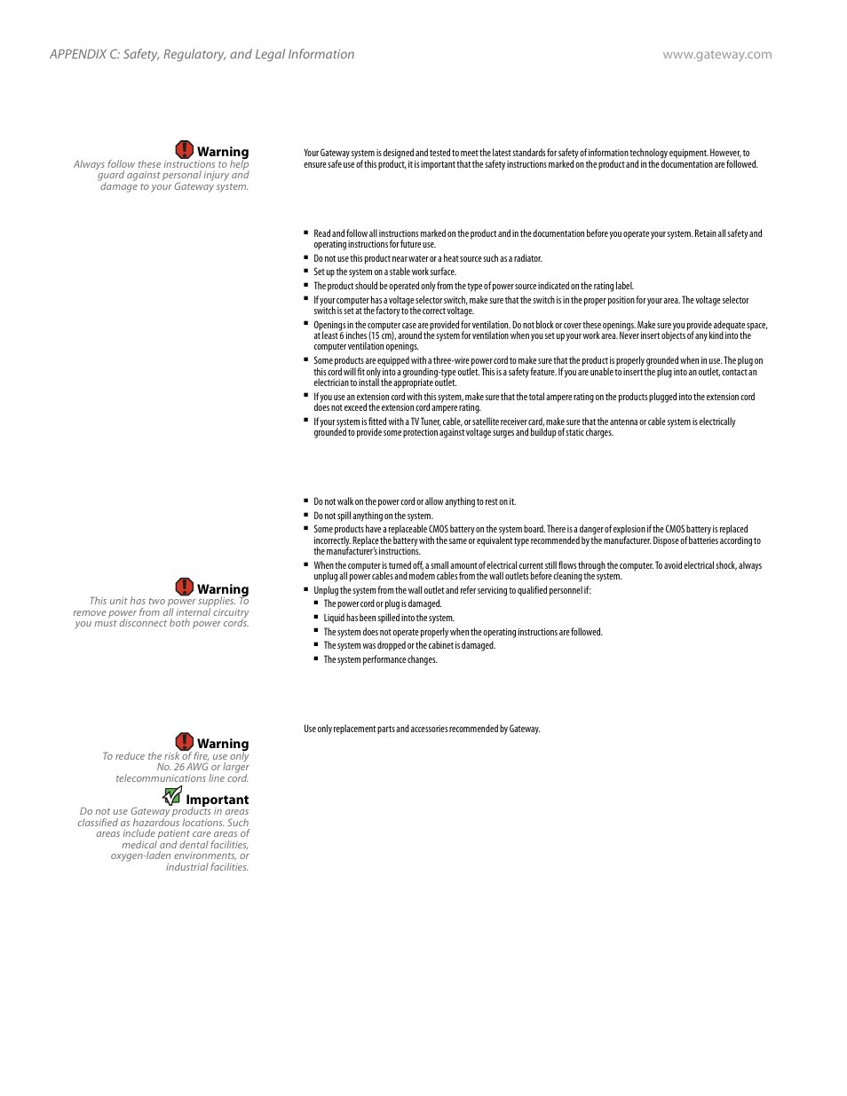 Important safety information, Setting up your system, Care during use | Replacement parts and accessories, Warning, Important | Gateway Server E-9520T User Manual | Page 116 / 126