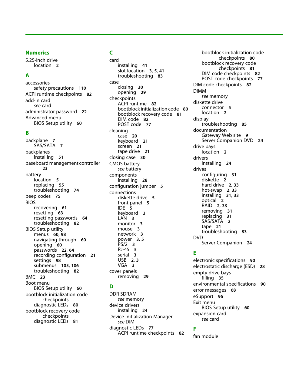 Numerics, Index | Gateway Server E-9520T User Manual | Page 121 / 126