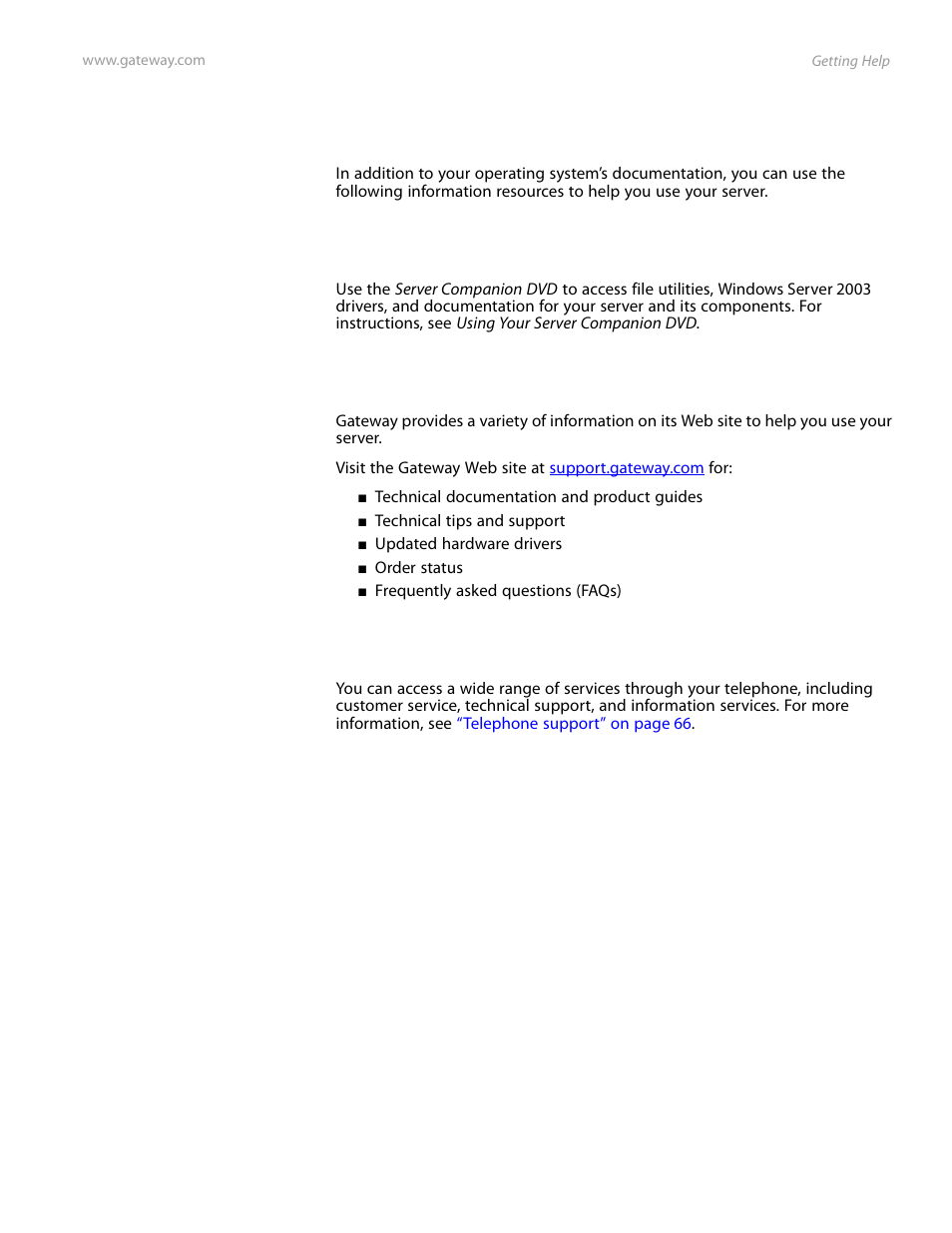 Getting help, Server companion dvd, Gateway web site | Telephone support | Gateway Server E-9520T User Manual | Page 15 / 126