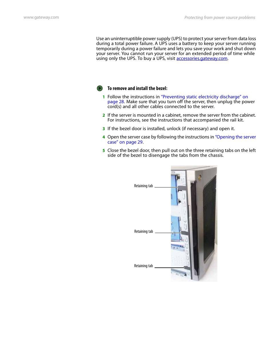 Removing and installing the bezel | Gateway Server E-9520T User Manual | Page 19 / 126