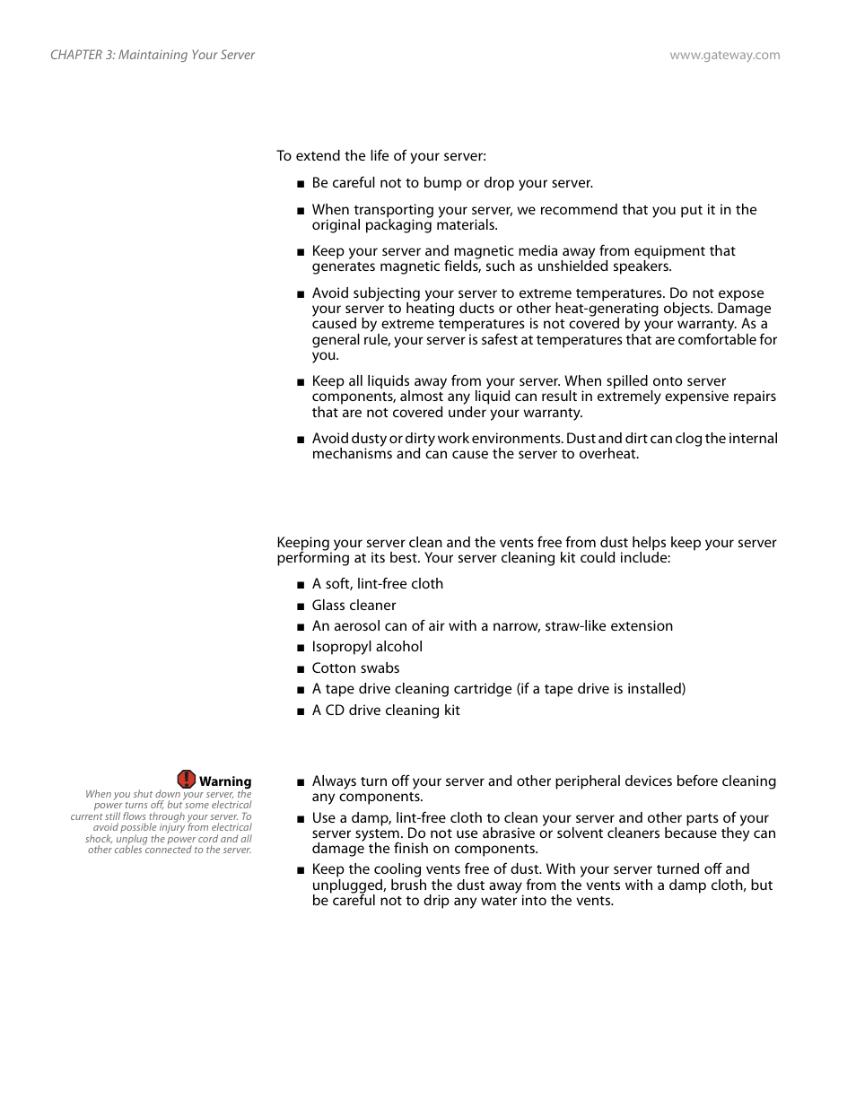 Caring for your server, Cleaning your server | Gateway Server E-9520T User Manual | Page 26 / 126