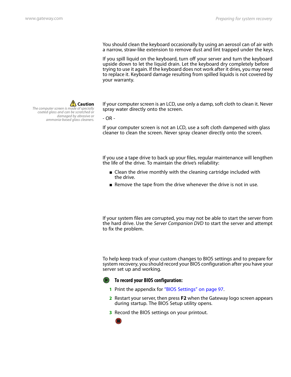 Preparing for system recovery, Recording the bios configuration | Gateway Server E-9520T User Manual | Page 27 / 126