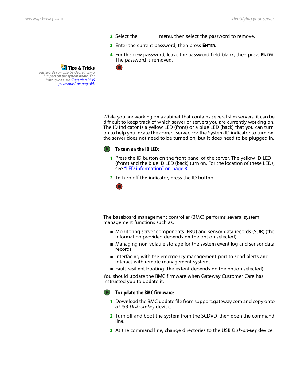 Identifying your server, Updating the baseboard management controller, Firmware | Gateway Server E-9520T User Manual | Page 29 / 126