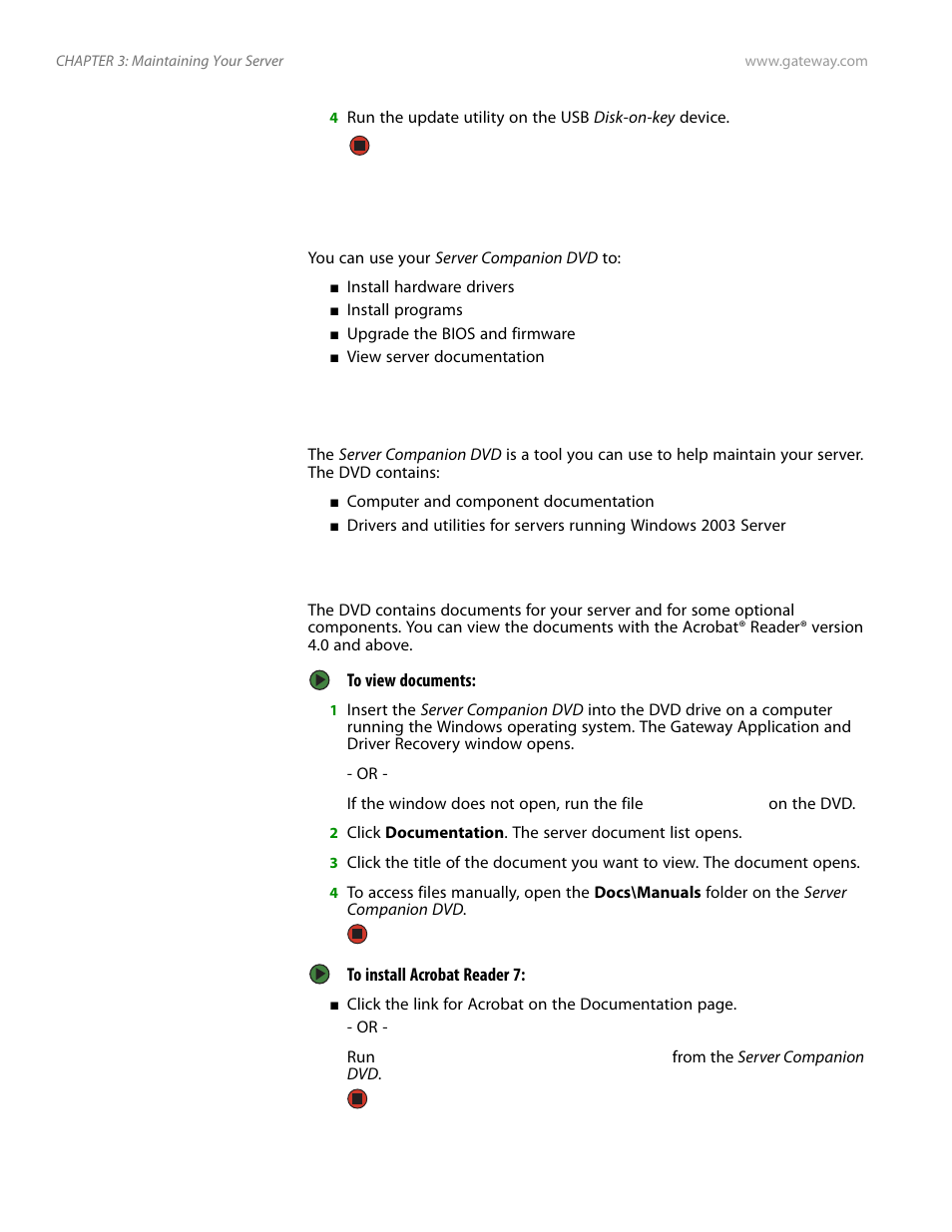 Using your server companion dvd, Server companion dvd contents, Viewing documents | Server companion dvd contents viewing documents | Gateway Server E-9520T User Manual | Page 30 / 126