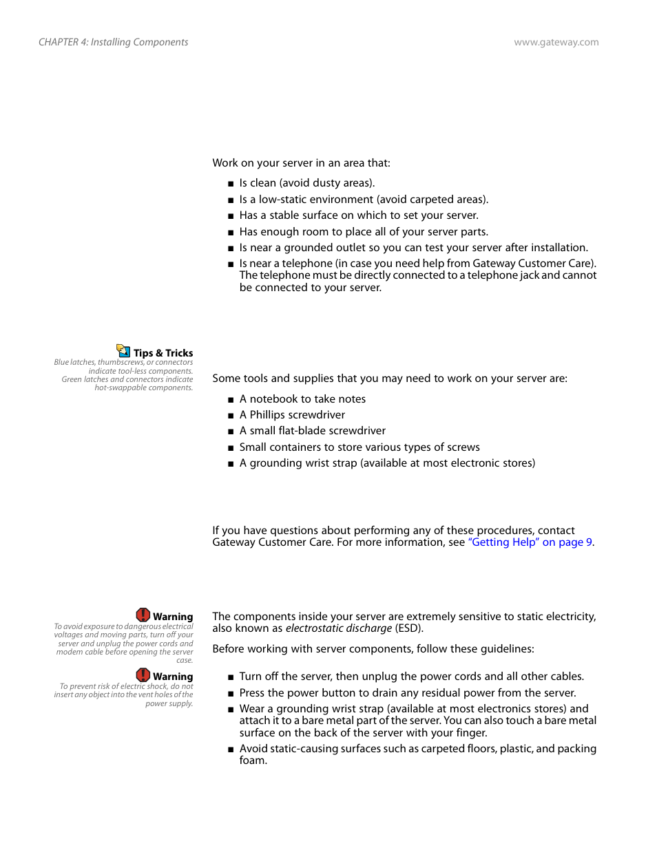 Preparing to install components, Selecting a place to work, Gathering the tools you need | Getting help, Preventing static electricity discharge, Preventing static electricity discharge” on | Gateway Server E-9520T User Manual | Page 34 / 126