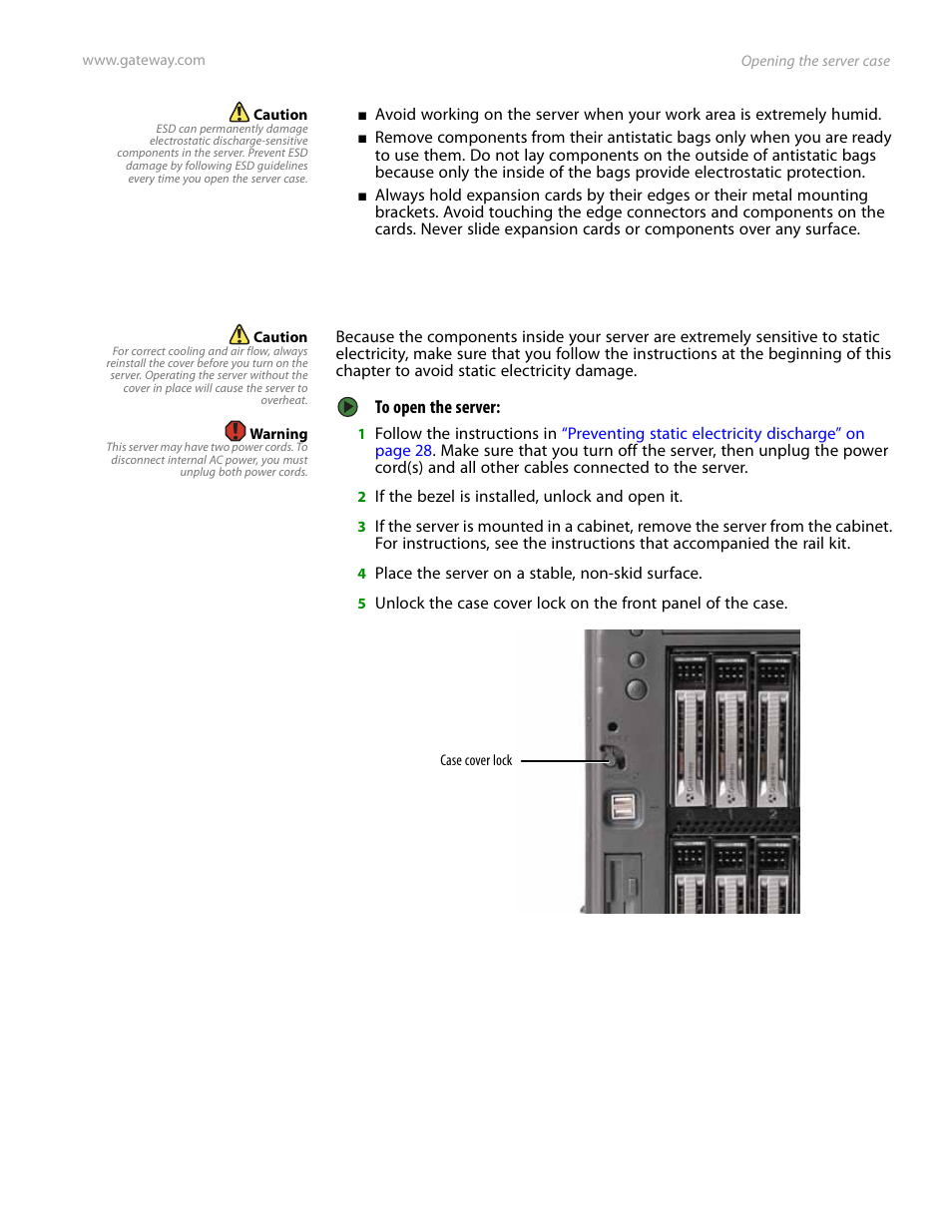 Opening the server case, Opening the server | Gateway Server E-9520T User Manual | Page 35 / 126