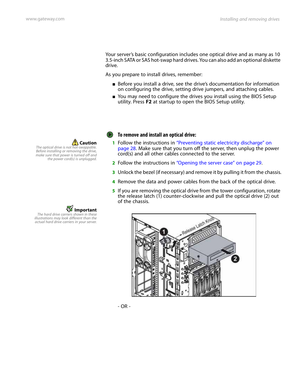 Installing and removing drives, Removing and installing an optical drive | Gateway Server E-9520T User Manual | Page 37 / 126