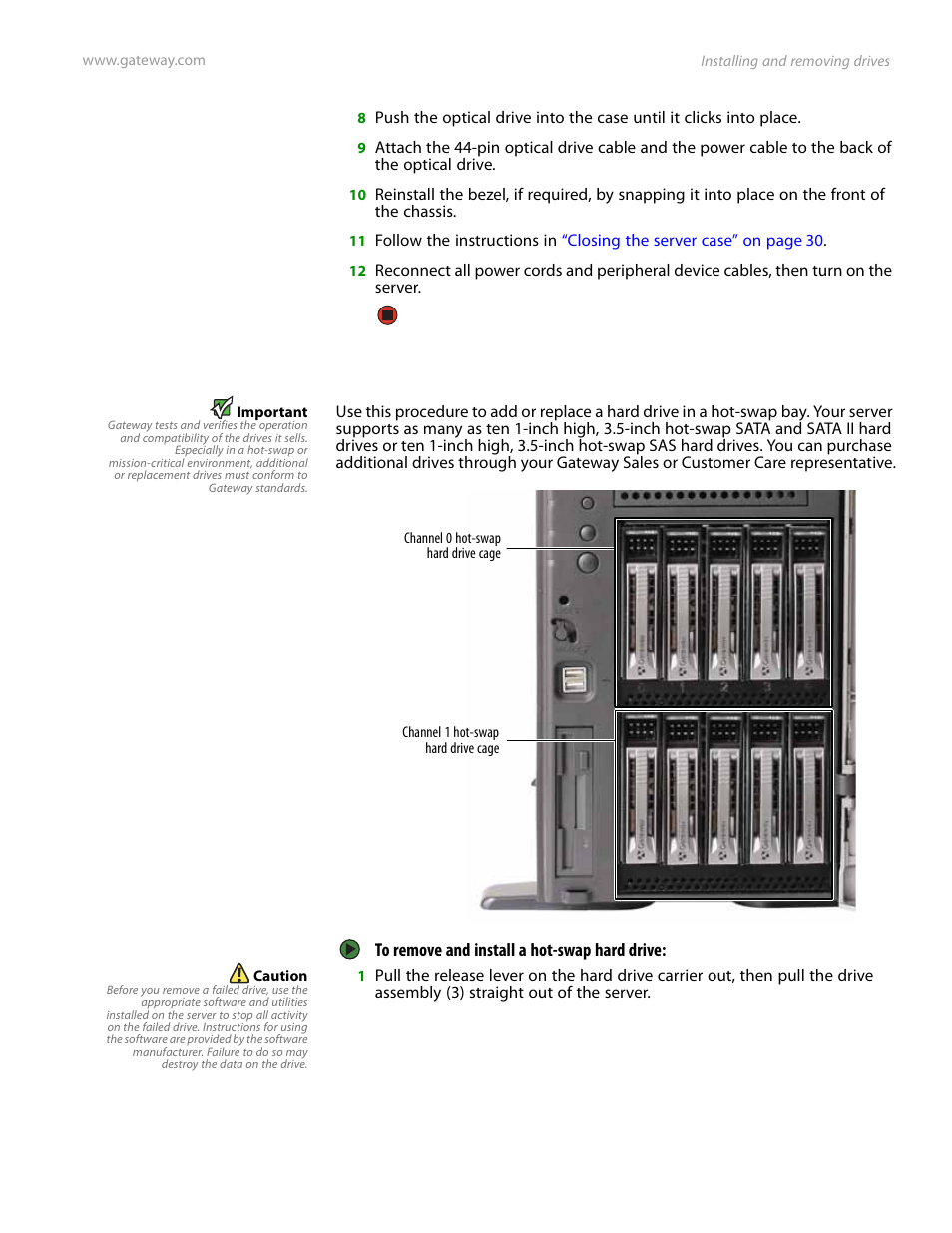 Removing and installing a hard drive | Gateway Server E-9520T User Manual | Page 39 / 126