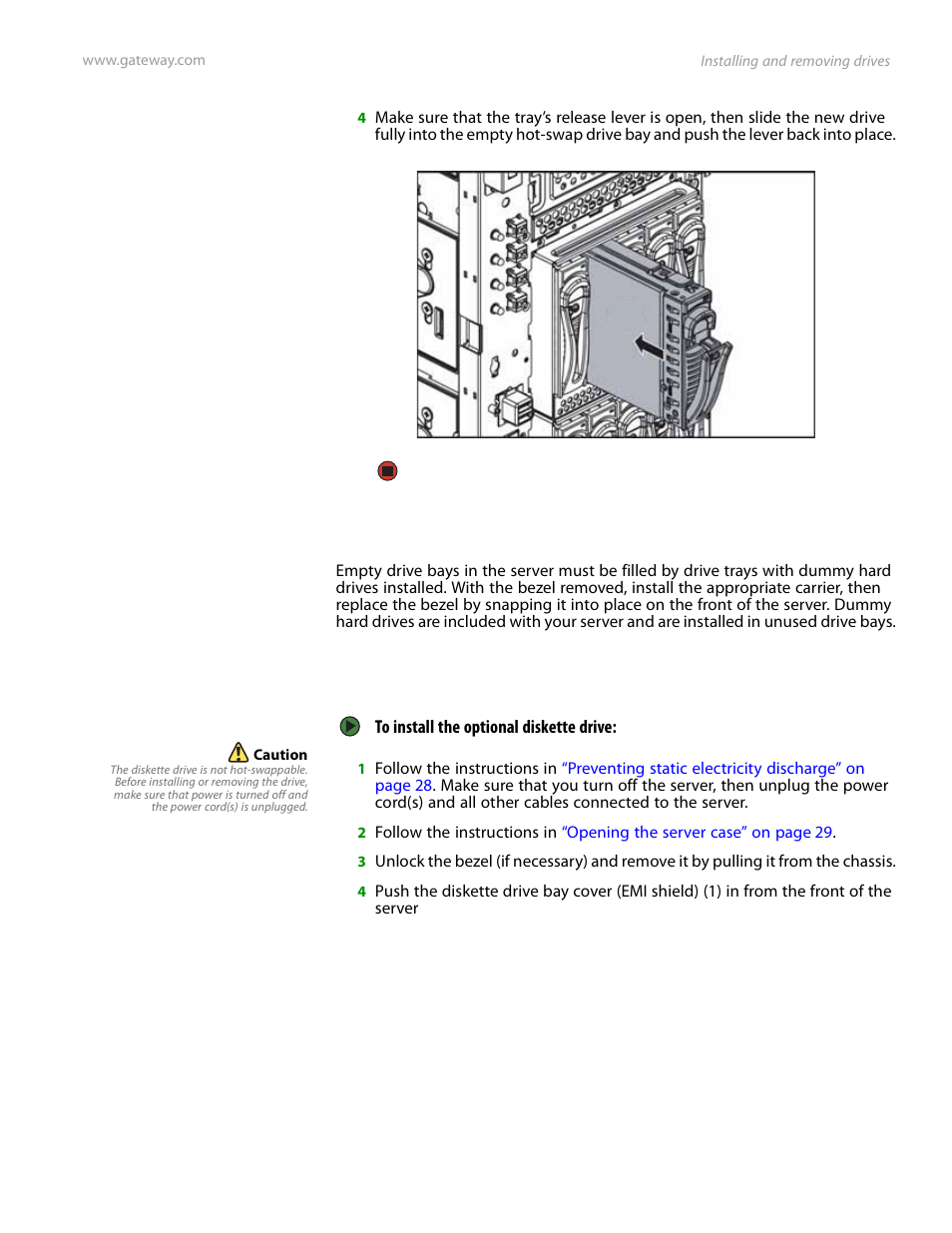 Filling empty drive bays, Installing the optional diskette drive | Gateway Server E-9520T User Manual | Page 41 / 126