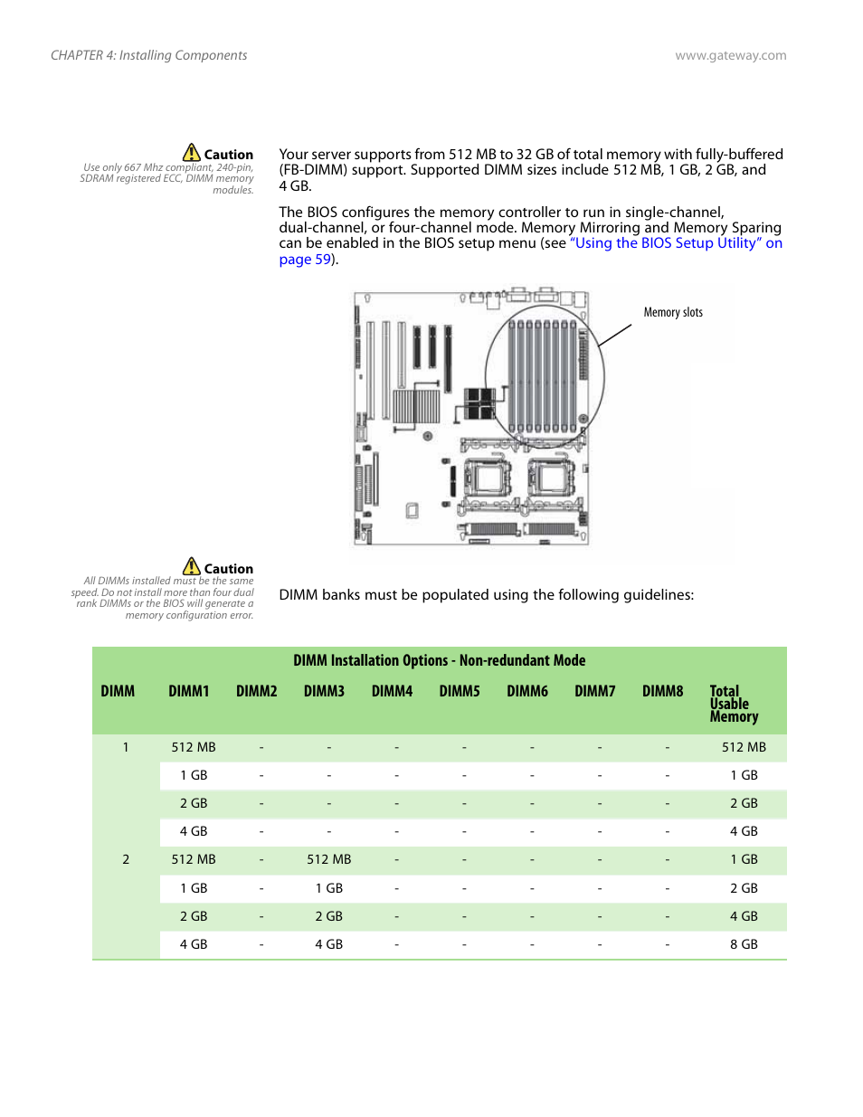 Installing memory | Gateway Server E-9520T User Manual | Page 44 / 126