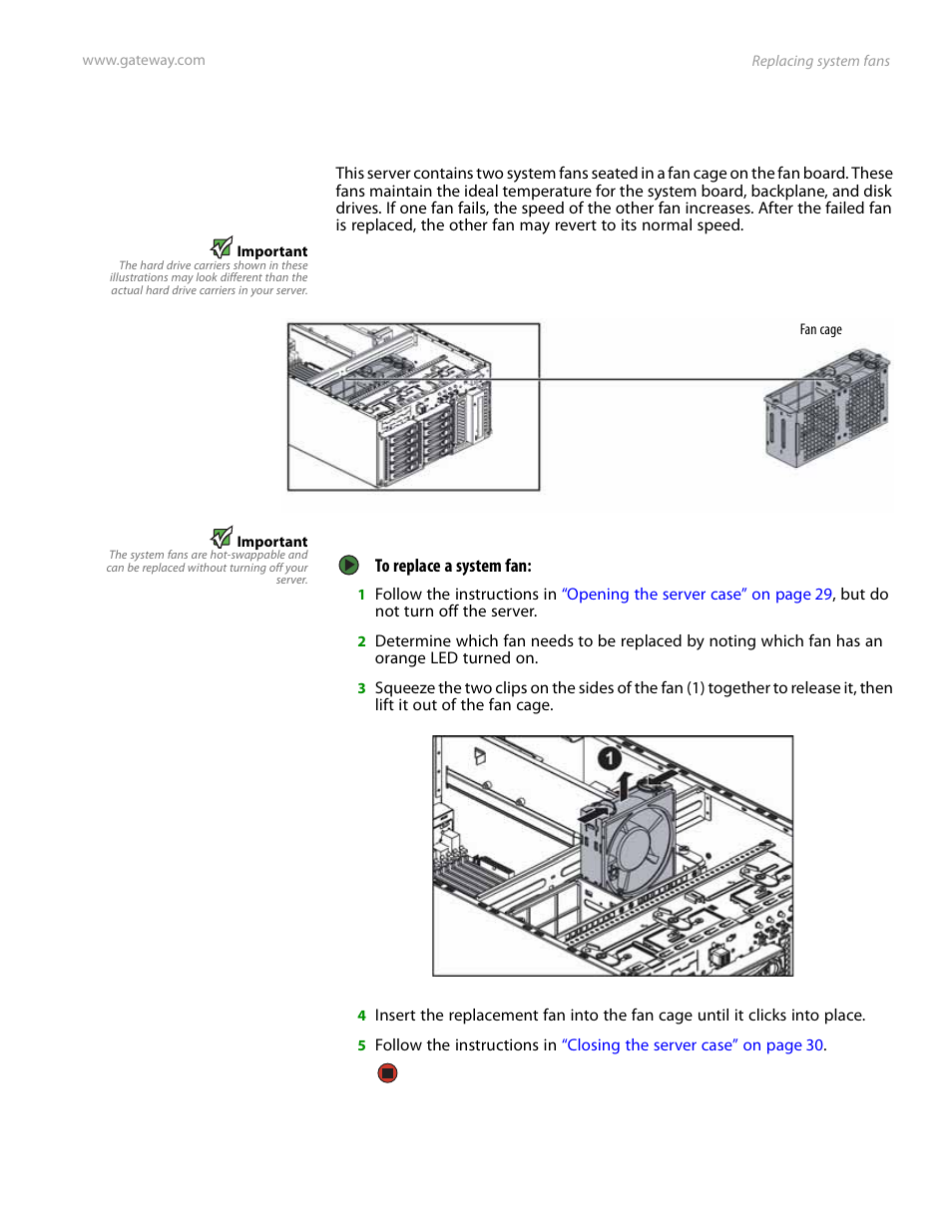 Replacing system fans | Gateway Server E-9520T User Manual | Page 49 / 126