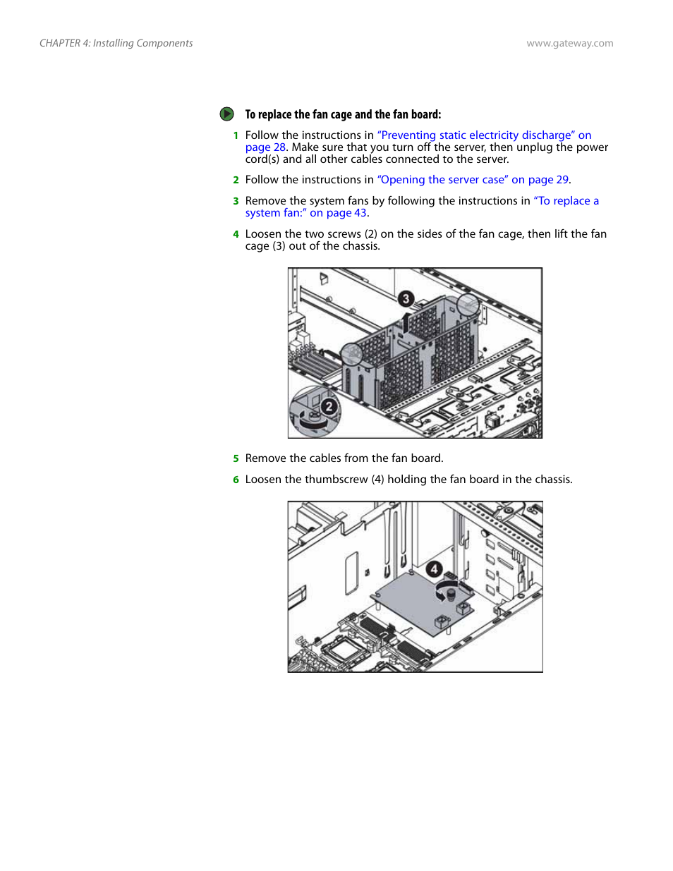 Replacing the fan cage and fan board | Gateway Server E-9520T User Manual | Page 50 / 126