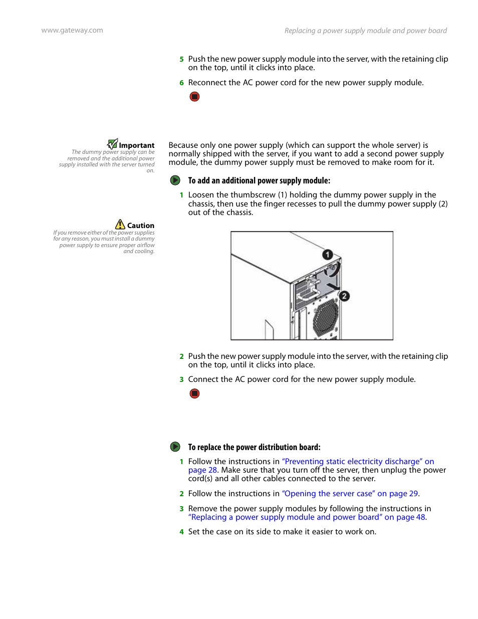Adding an additional power supply module, Replacing the power distribution board | Gateway Server E-9520T User Manual | Page 55 / 126