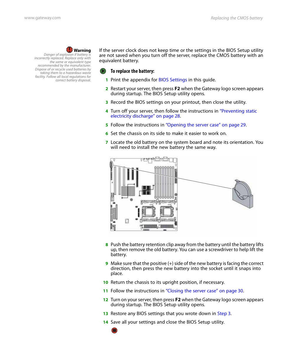 Replacing the cmos battery | Gateway Server E-9520T User Manual | Page 61 / 126