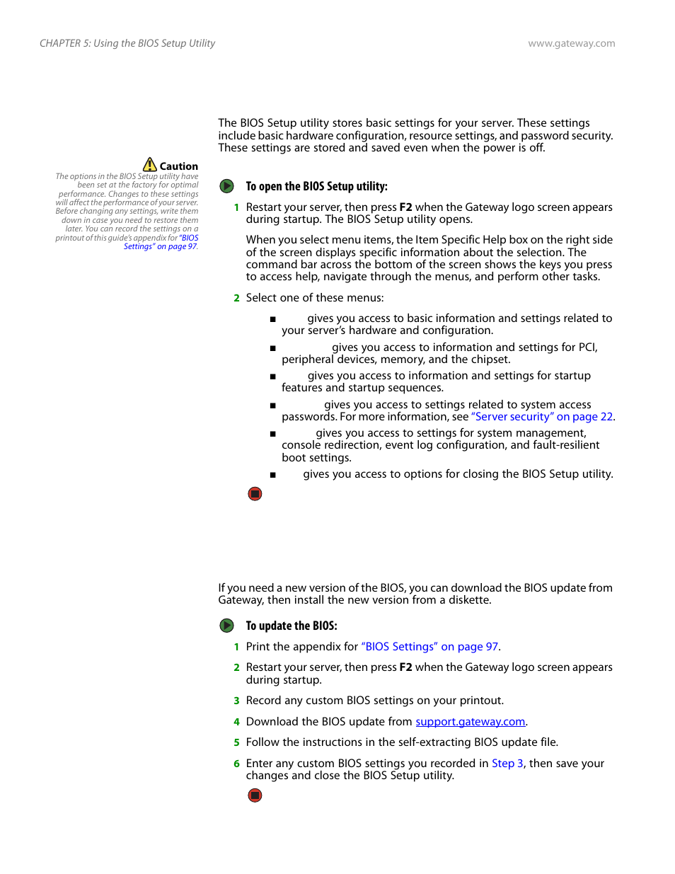 Opening the bios setup utility, Updating the bios, Opening the bios setup utility updating the bios | Updating the | Gateway Server E-9520T User Manual | Page 66 / 126