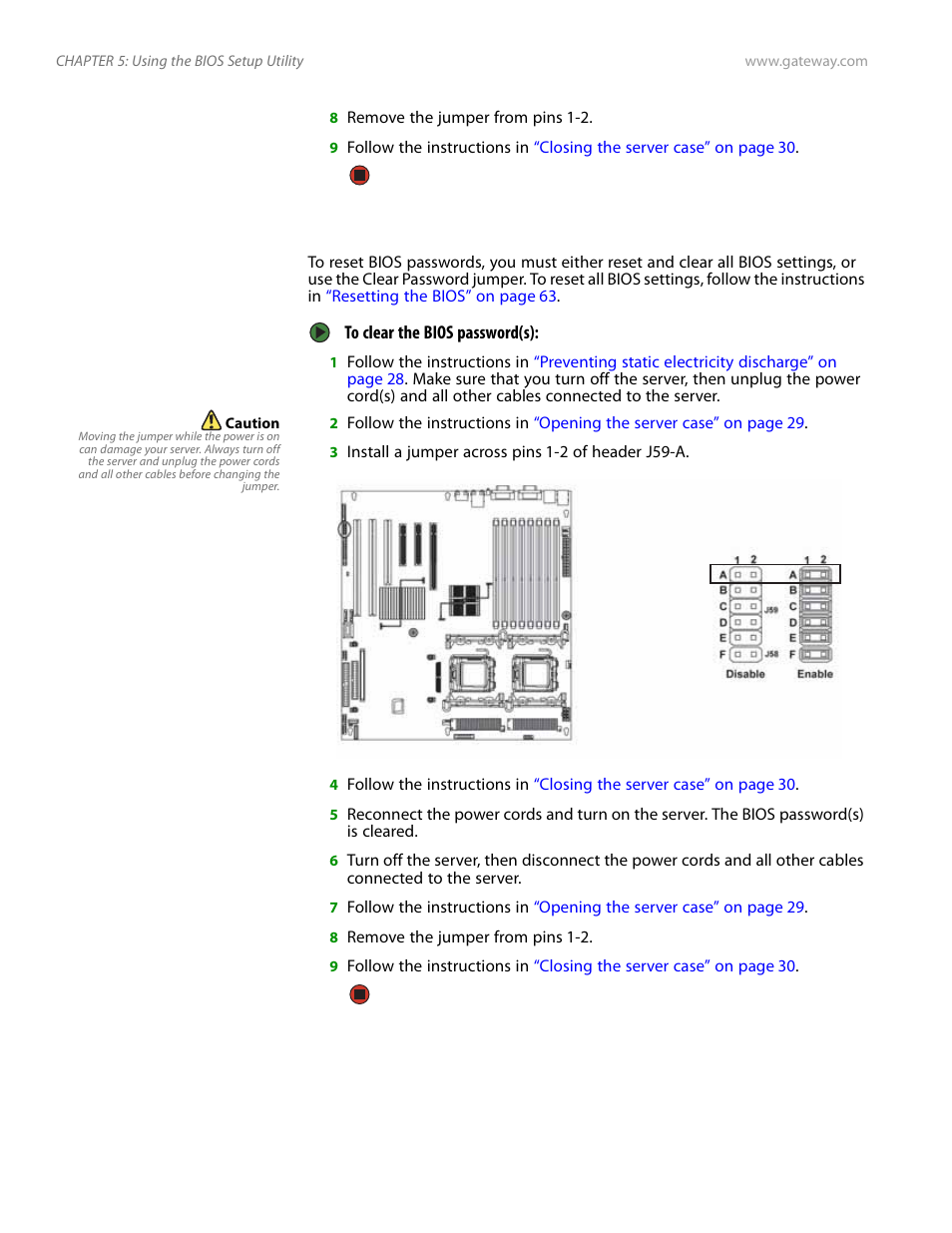 Resetting bios passwords | Gateway Server E-9520T User Manual | Page 70 / 126