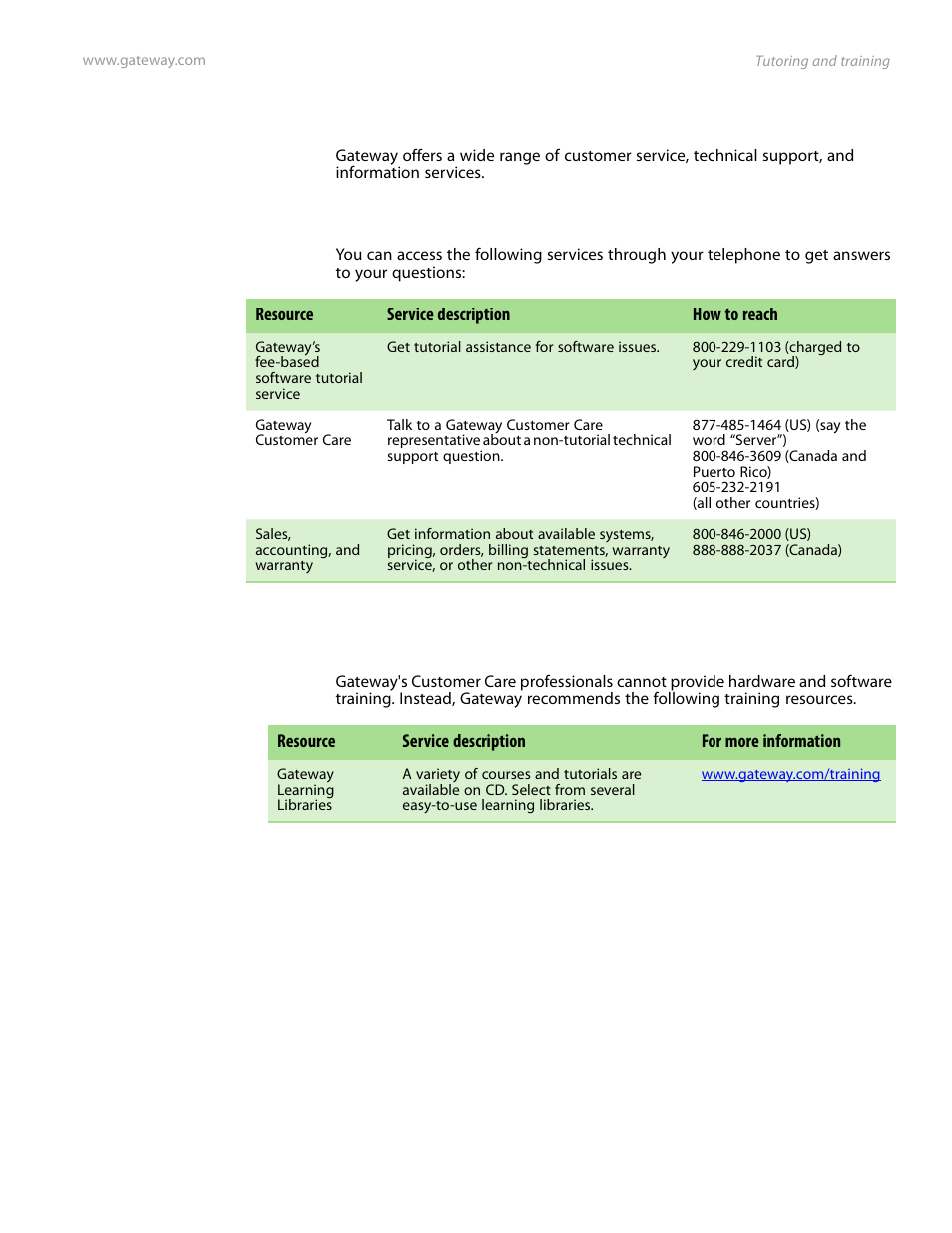 Telephone support, Tutoring and training | Gateway Server E-9520T User Manual | Page 73 / 126