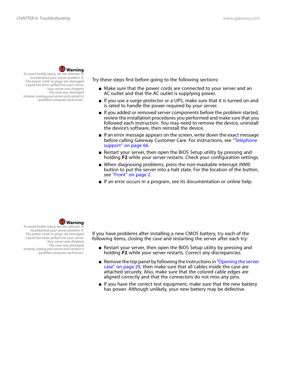 Troubleshooting, First steps, Battery replacement | First steps battery replacement | Gateway Server E-9520T User Manual | Page 80 / 126