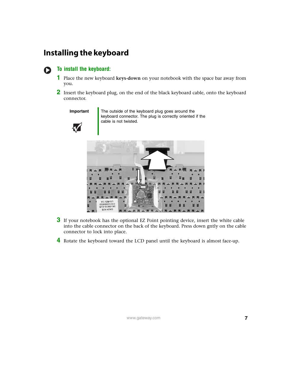 Installing the keyboard, To install the keyboard, Important | Gateway 450ROG User Manual | Page 7 / 12
