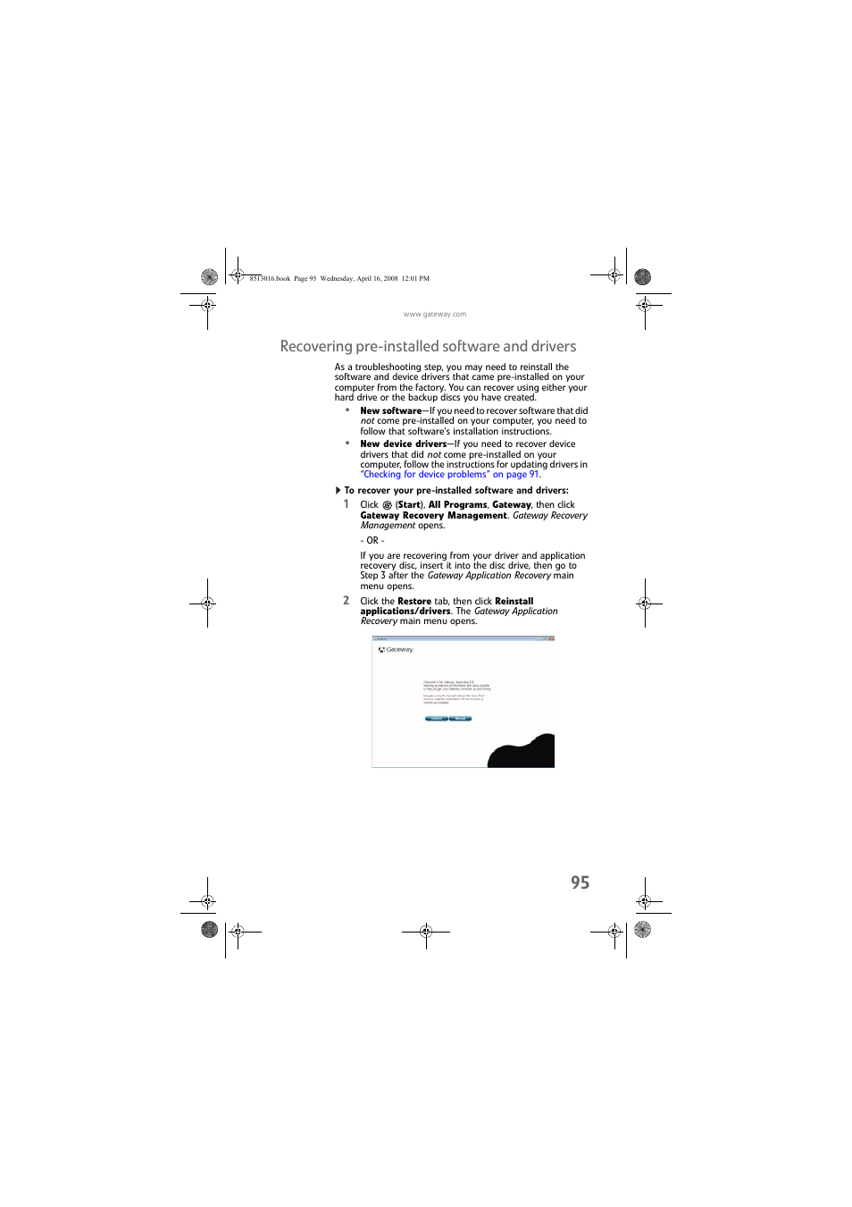 Recovering pre-installed software and drivers, To recover your pre-installed software and drivers, Recovering pre-installed software and | Gateway GM5684E User Manual | Page 101 / 128