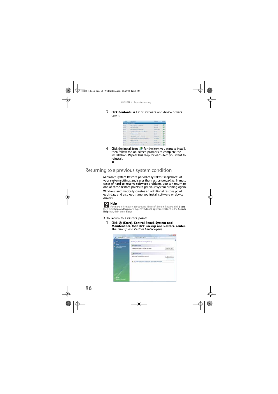 Returning to a previous system condition, To return to a restore point, Returning to a previous system | Gateway GM5684E User Manual | Page 102 / 128