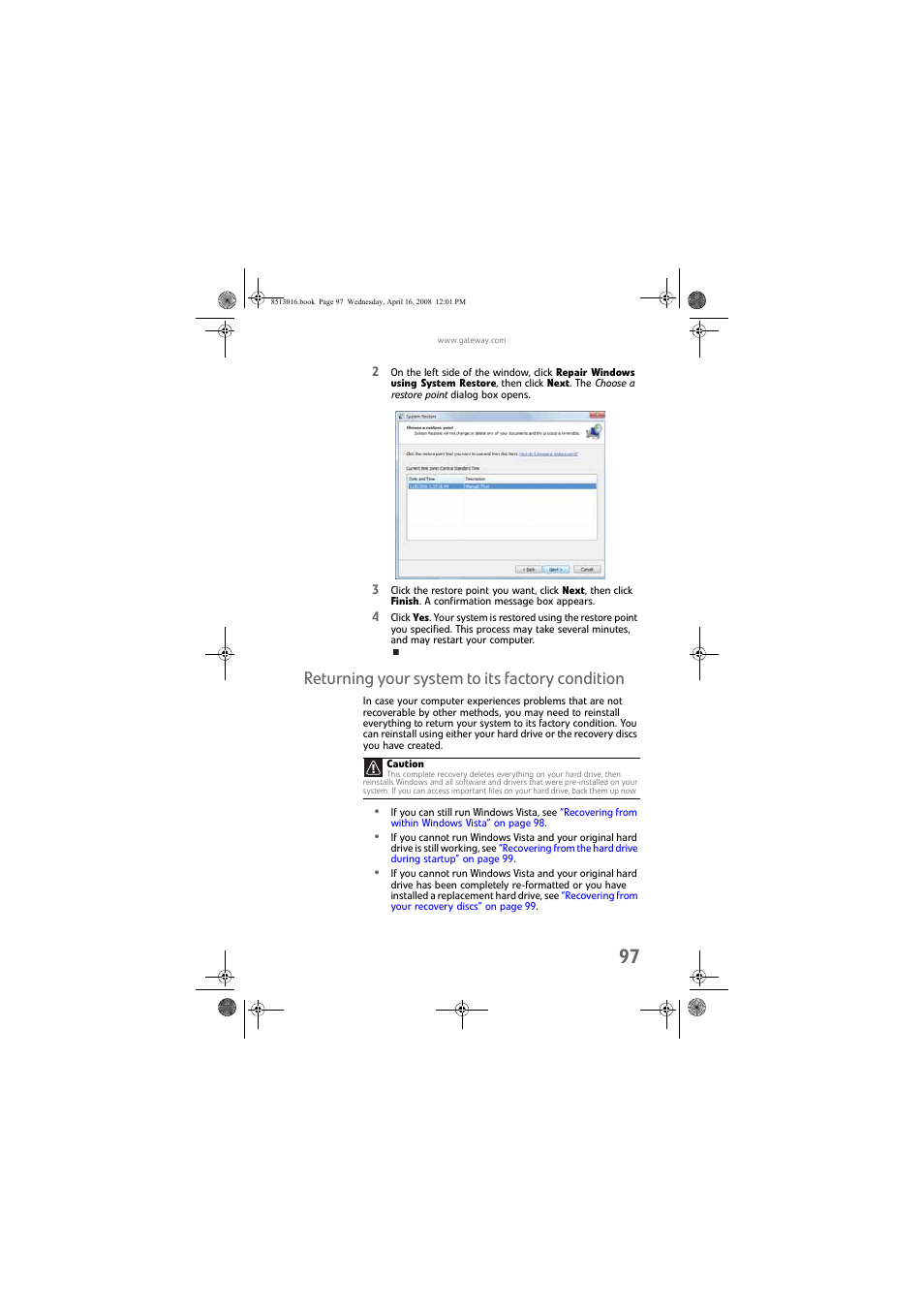 Returning your system to its factory condition, Returning | Gateway GM5684E User Manual | Page 103 / 128