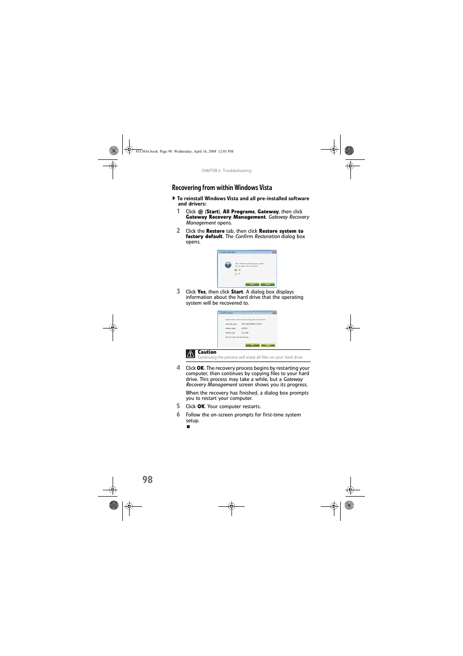 Recovering from within windows vista, Recovering from | Gateway GM5684E User Manual | Page 104 / 128