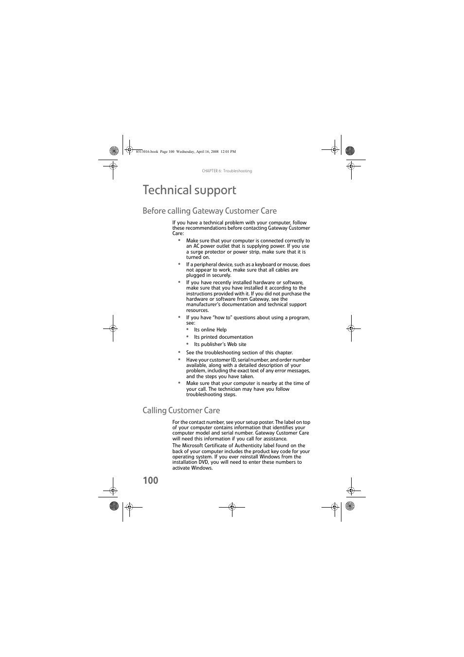 Technical support, Before calling gateway customer care, Calling customer care | Gateway GM5684E User Manual | Page 106 / 128
