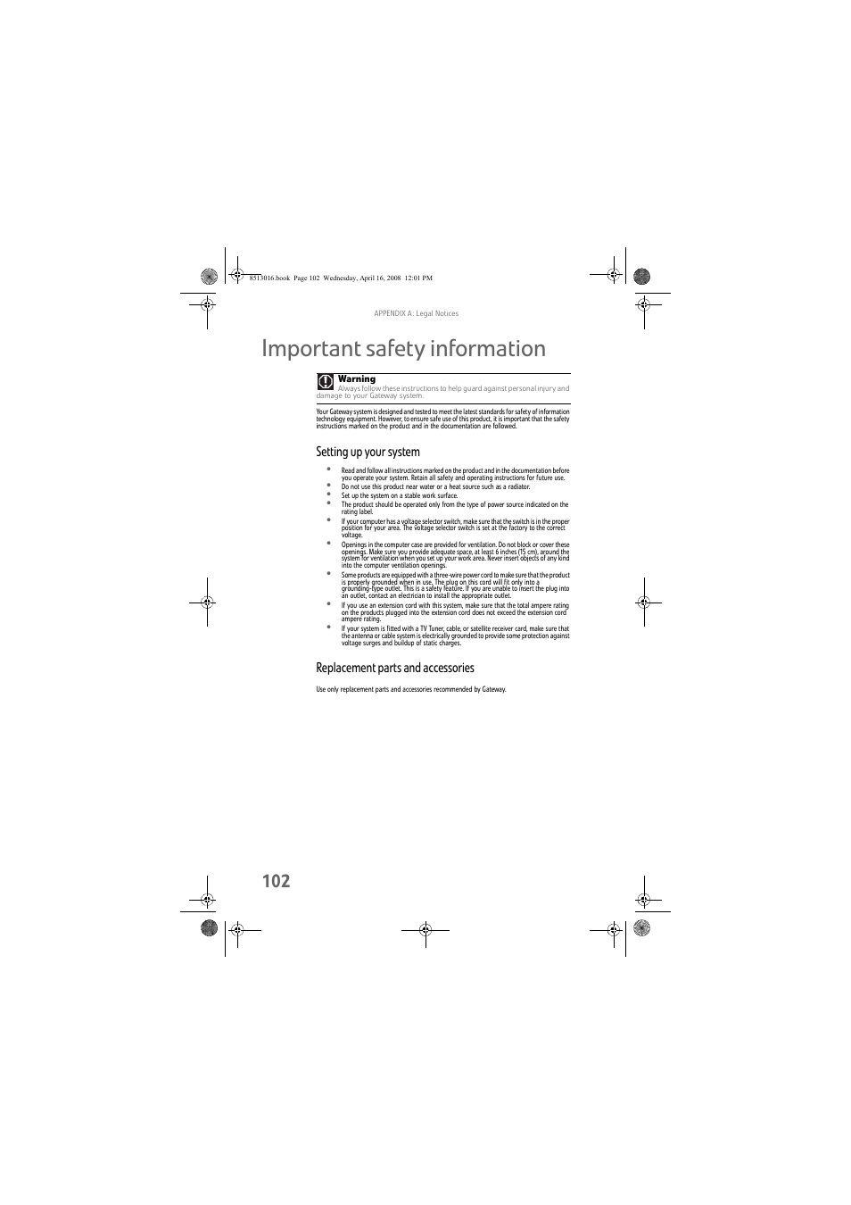 Important safety information, Setting up your system, Replacement parts and accessories | Gateway GM5684E User Manual | Page 108 / 128