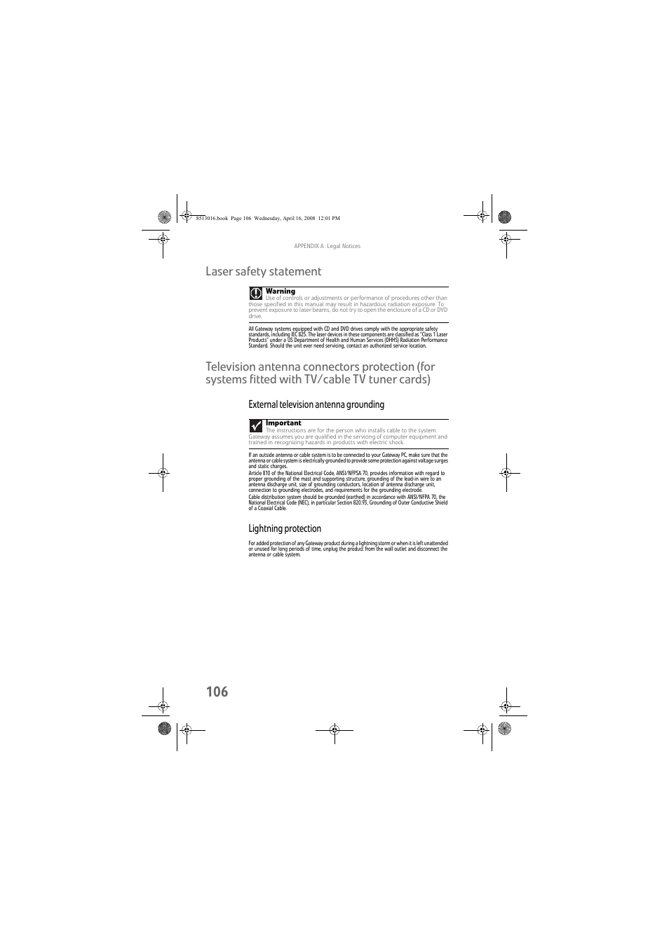 Laser safety statement, External television antenna grounding, Lightning protection | Gateway GM5684E User Manual | Page 112 / 128