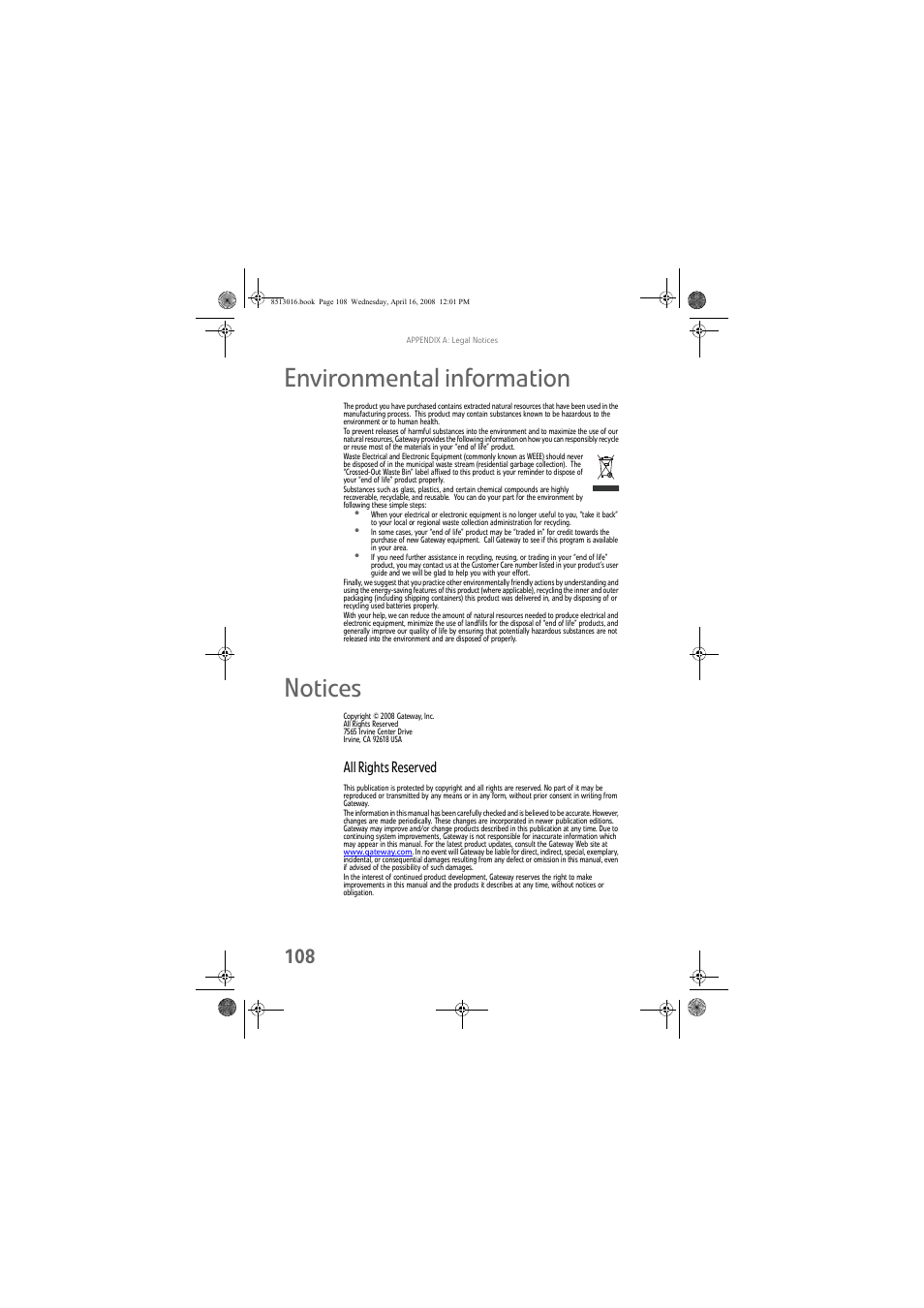 Environmental information, Notices, All rights reserved | Gateway GM5684E User Manual | Page 114 / 128