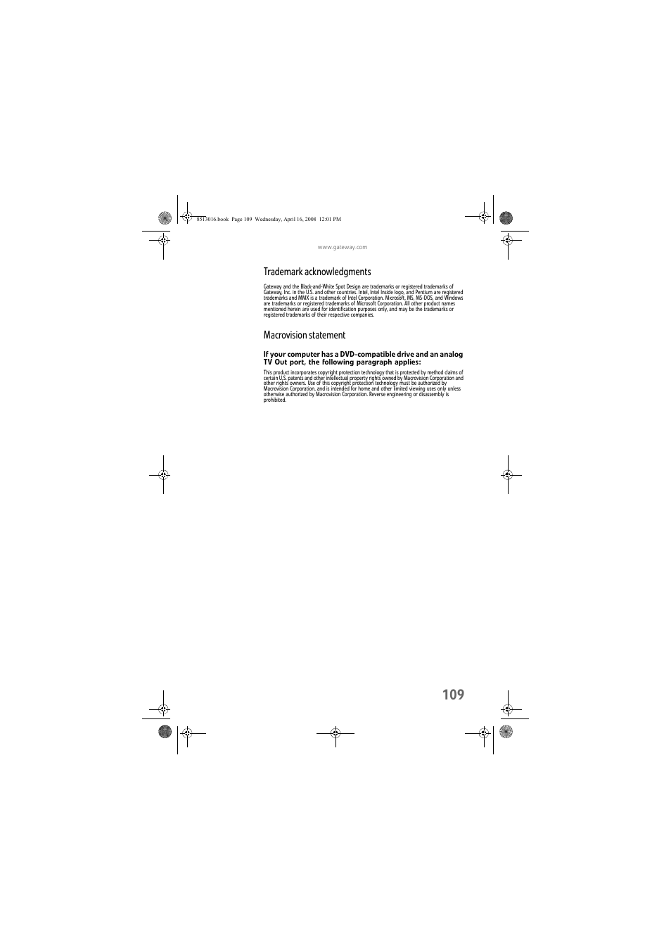 Trademark acknowledgments, Macrovision statement | Gateway GM5684E User Manual | Page 115 / 128
