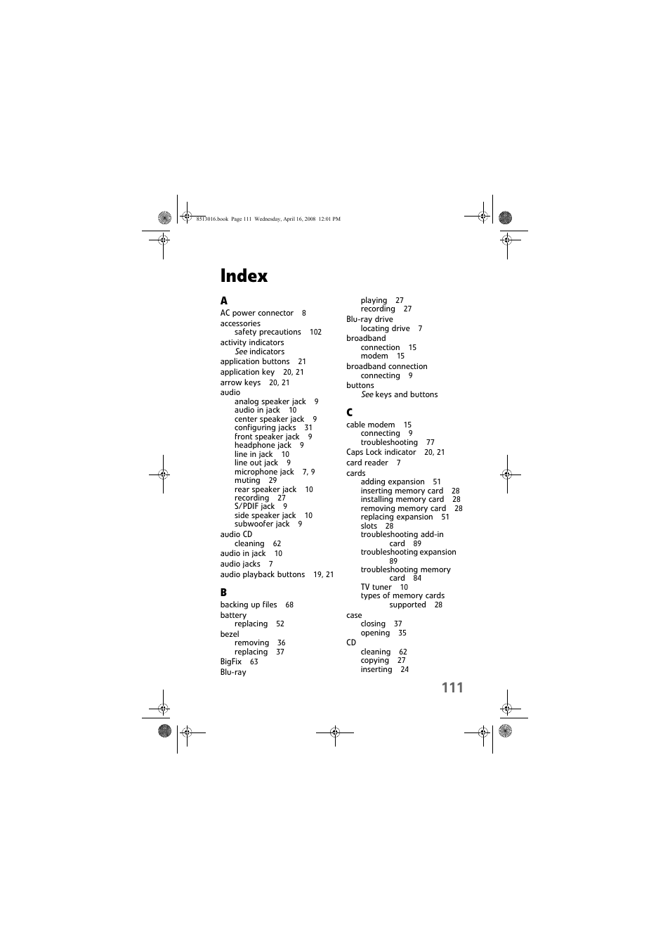 Index | Gateway GM5684E User Manual | Page 117 / 128