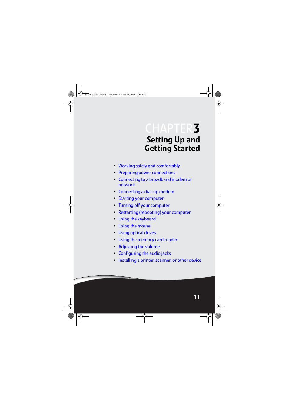 Setting up and getting started, Chapter 3: setting up and getting started, Chapter 3 | Gateway GM5684E User Manual | Page 17 / 128