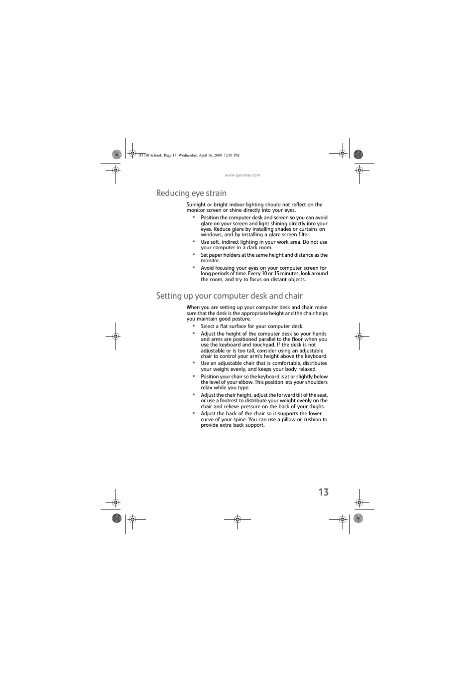 Reducing eye strain, Setting up your computer desk and chair | Gateway GM5684E User Manual | Page 19 / 128